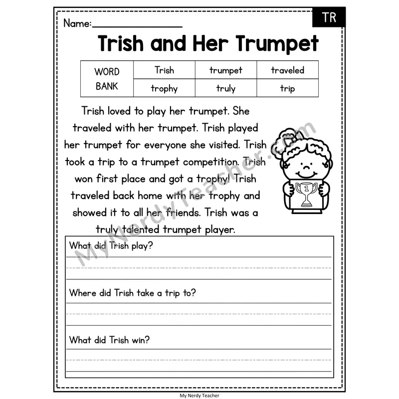 Trish and Her Trumpet — TR Phonics Reading Passage with Short Answer