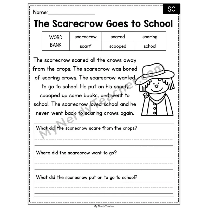 The Scarecrow Goes to School — SC Phonics Reading Passage with Short Answer