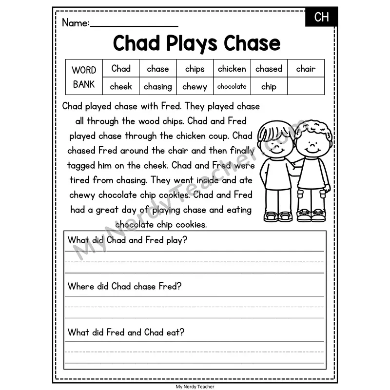 Chad Plays Chase — CH Phonics Reading Passage with Short Answer