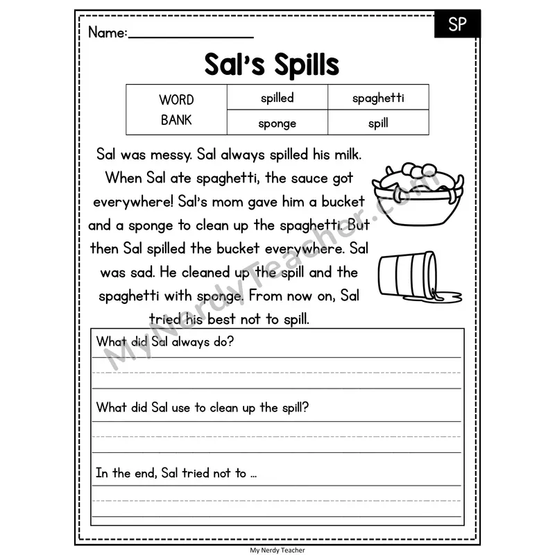 Sal's Spills — SP Phonics Reading Passage with Short Answer