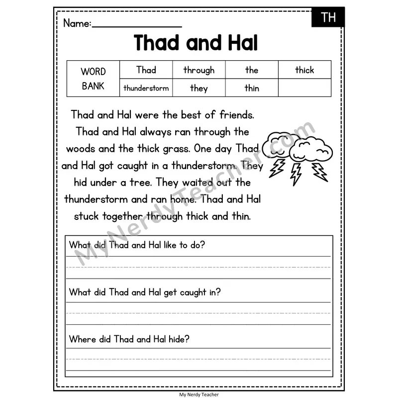 Thad and Hal — TH Phonics Reading Passage with Short Answer