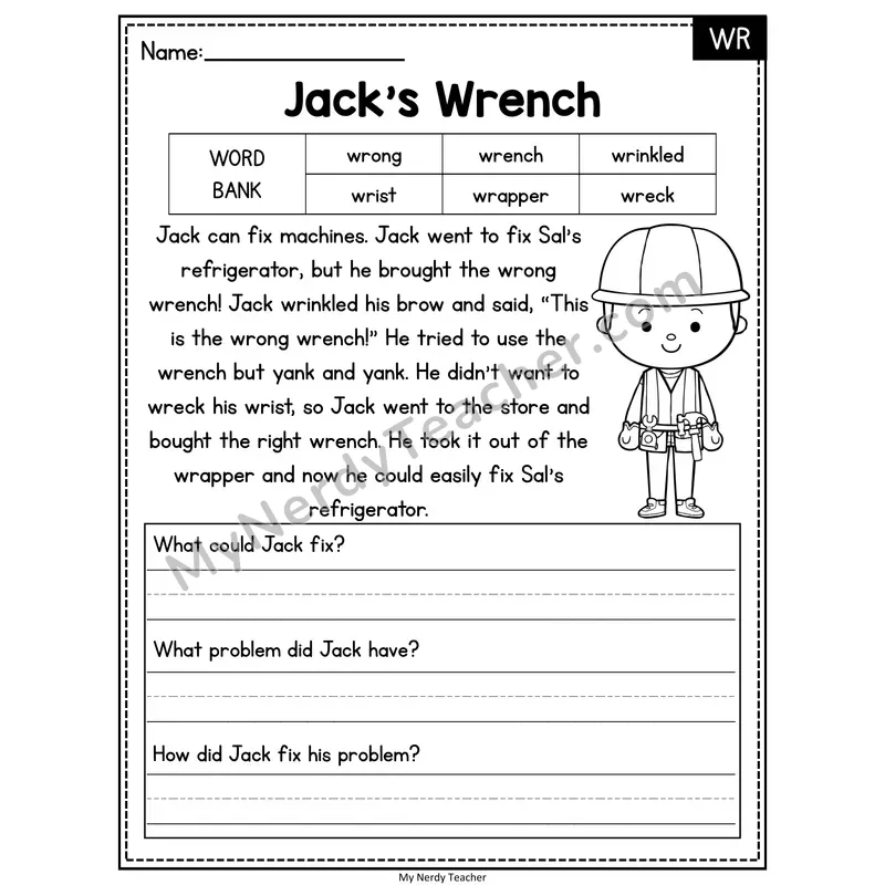 Jack's Wrench — WR Phonics Reading Passage with Short Answer