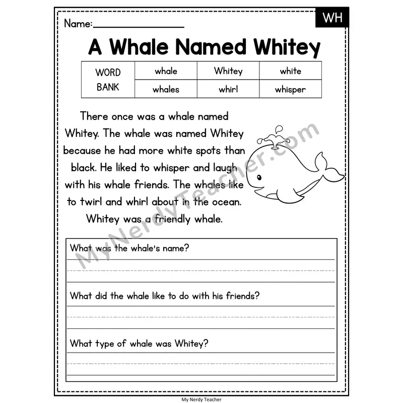 A Whale Named Whitey — WH Phonics Reading Passage with Short Answer