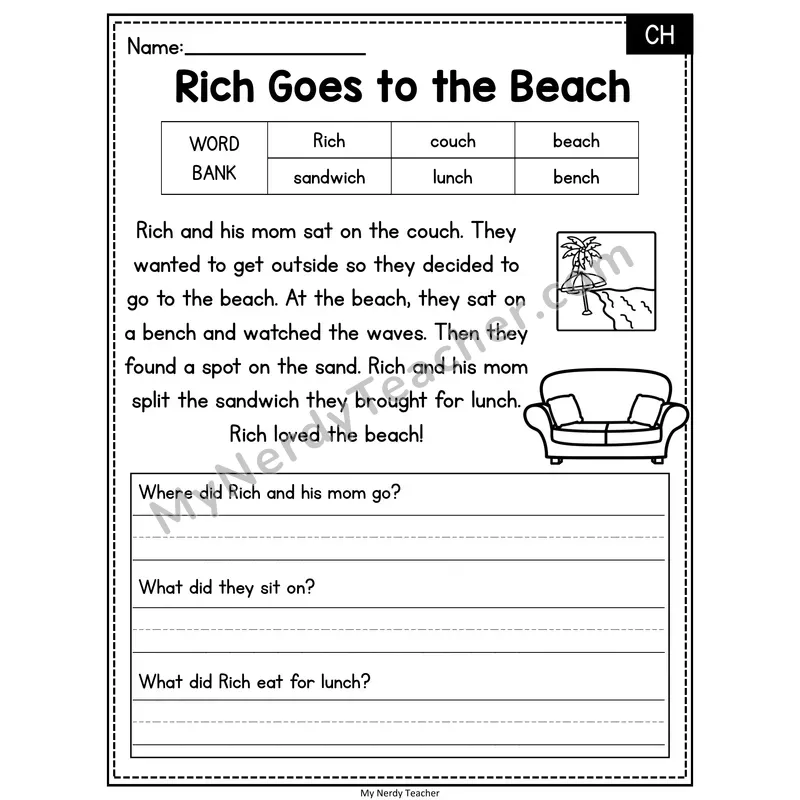 Rich Goes to the Beach — CH end Phonics Reading Passage with Short Answer