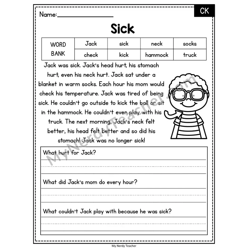 Sick — CK Phonics Reading Passage with Short Answer