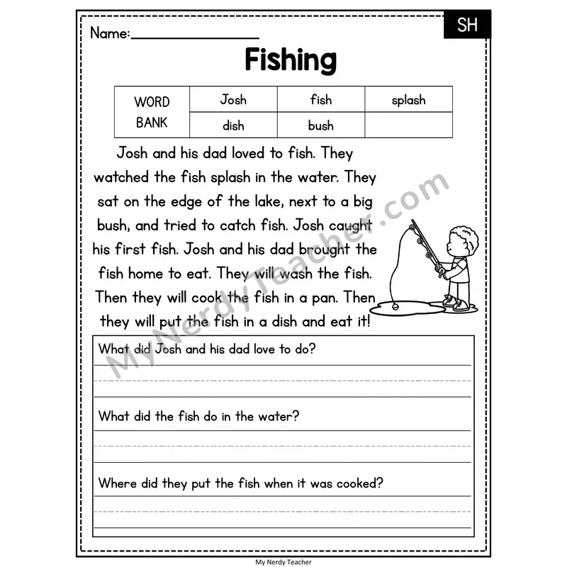 Fishing — SH end Phonics Reading Passage with Short Answer