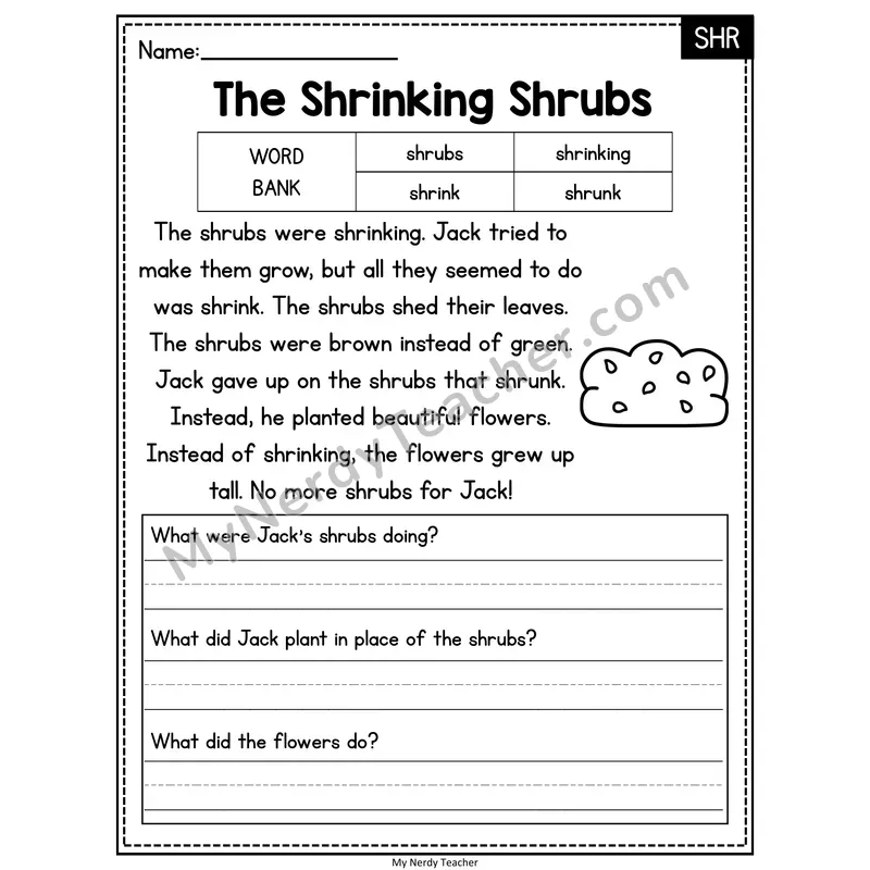The Shrinking Shrubs — SHR Phonics Reading Passage with Short Answer