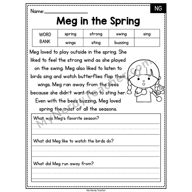 Meg in the Spring — NG Phonics Reading Passage with Short Answer