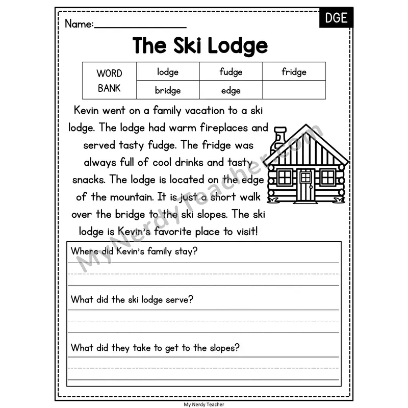 The Ski Lodge — DGE Phonics Reading Passage with Short Answer