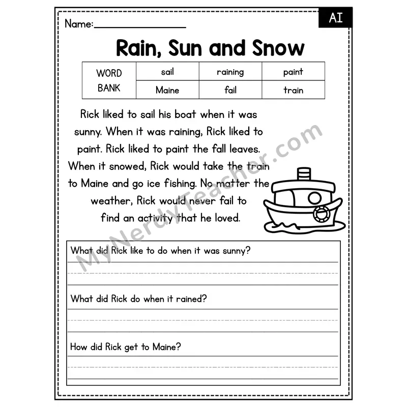Rain, Sun and Snow — AI Phonics Reading Passage with Short Answer