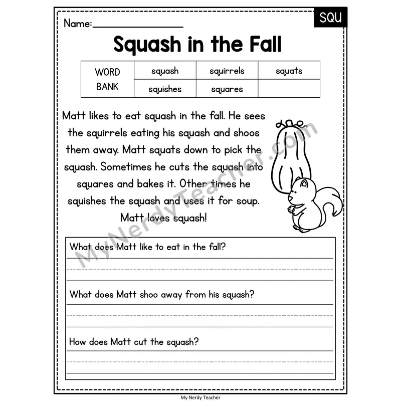 Squash in the Fall — SQU Phonics Reading Passage with Short Answer