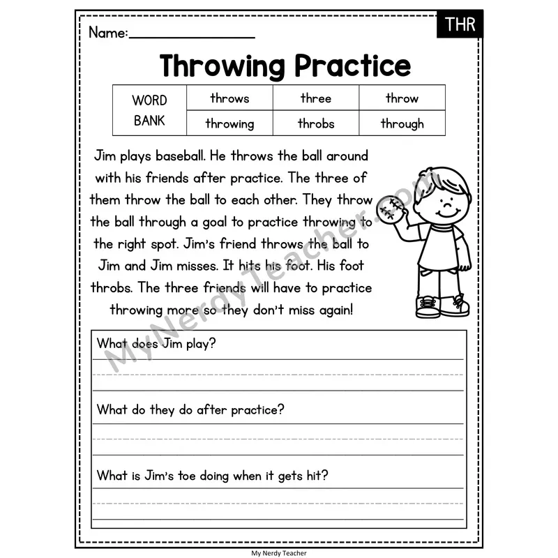 Throwing Practice — THR Phonics Reading Passage with Short Answer