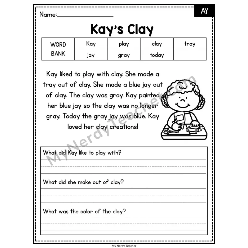 Kay's Clay — AY Phonics Reading Passage with Short Answer