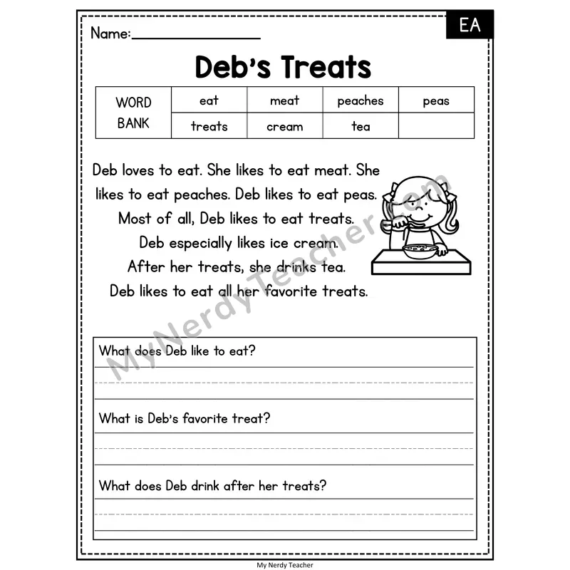 Deb's Treats — EA Phonics Reading Passage with Short Answer