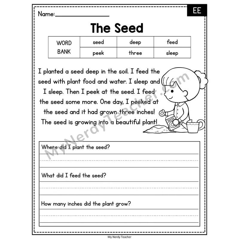 The Seed — EE Phonics Reading Passage with Short Answer
