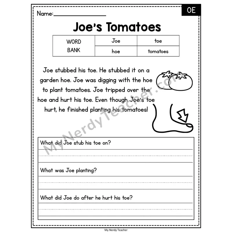 Joe's Tomatoes — OE Phonics Reading Passage with Short Answer