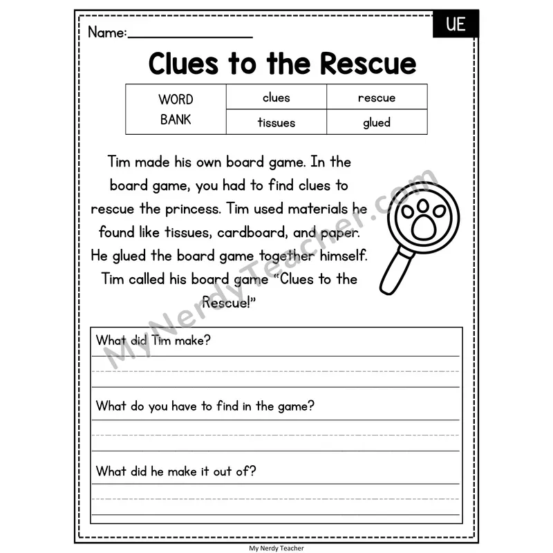 Clues to the Rescue — UE Phonics Reading Passage with Short Answer