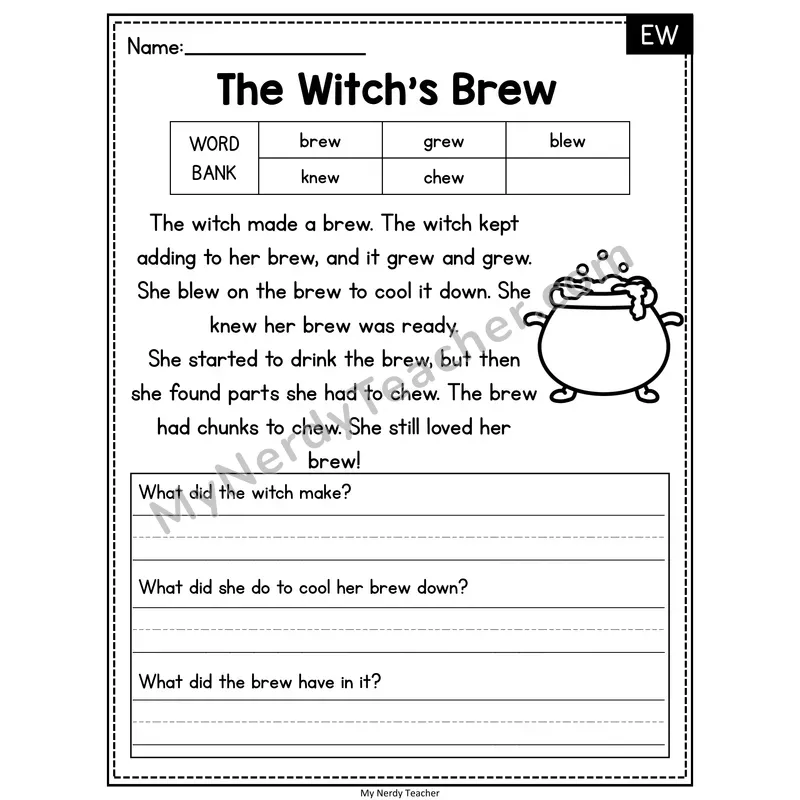 The Witch's Brew — EW Phonics Reading Passage with Short Answer