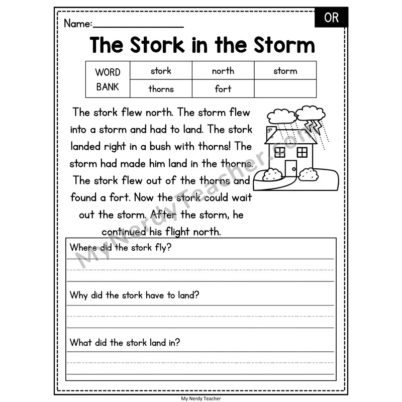 The Stork in the Storm — OR Phonics Reading Passage with Short Answer