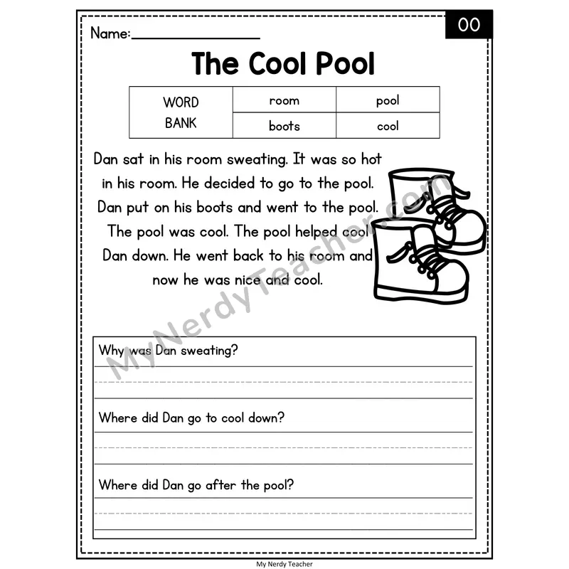 The Cool Pool — OO Phonics Reading Passage with Short Answer