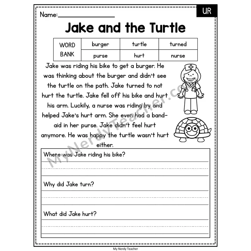 Jake and the Turtle — UR Phonics Reading Passage with Short Answer