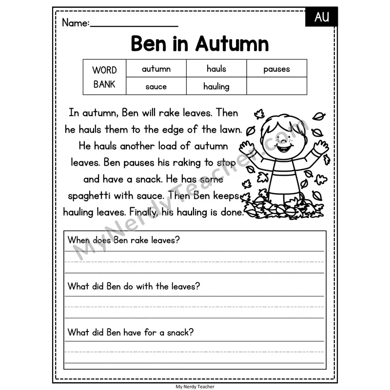 Ben in Autumn — AU Phonics Reading Passage with Short Answer