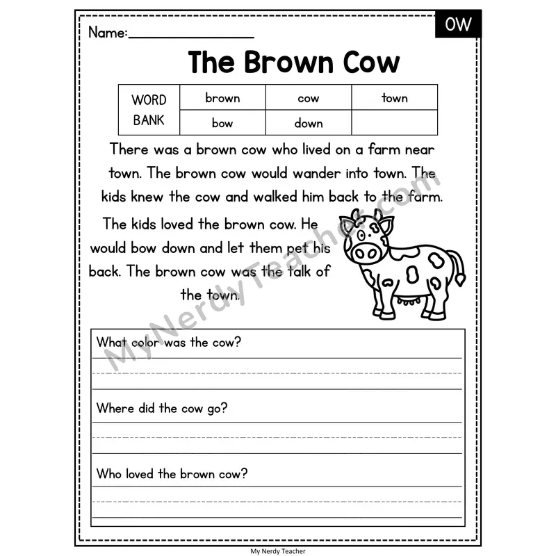 The Brown Cow — OW Phonics Reading Passage with Short Answer