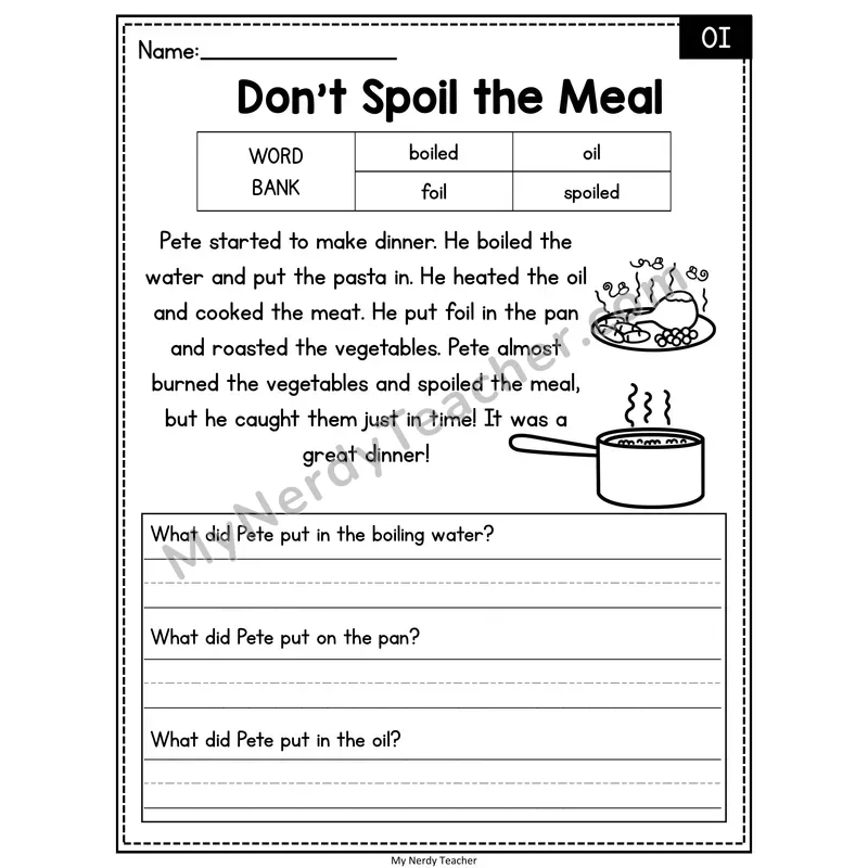 Don't Spoil the Meal — OI Phonics Reading Passage with Short Answer