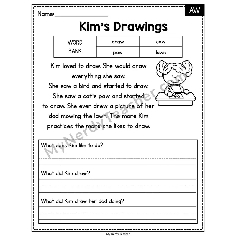 Kim's Drawings — AW Phonics Reading Passage with Short Answer