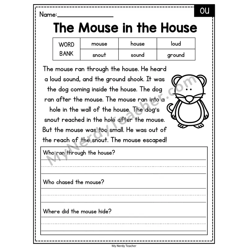 The Mouse in the House — OU Phonics Reading Passage with Short Answer