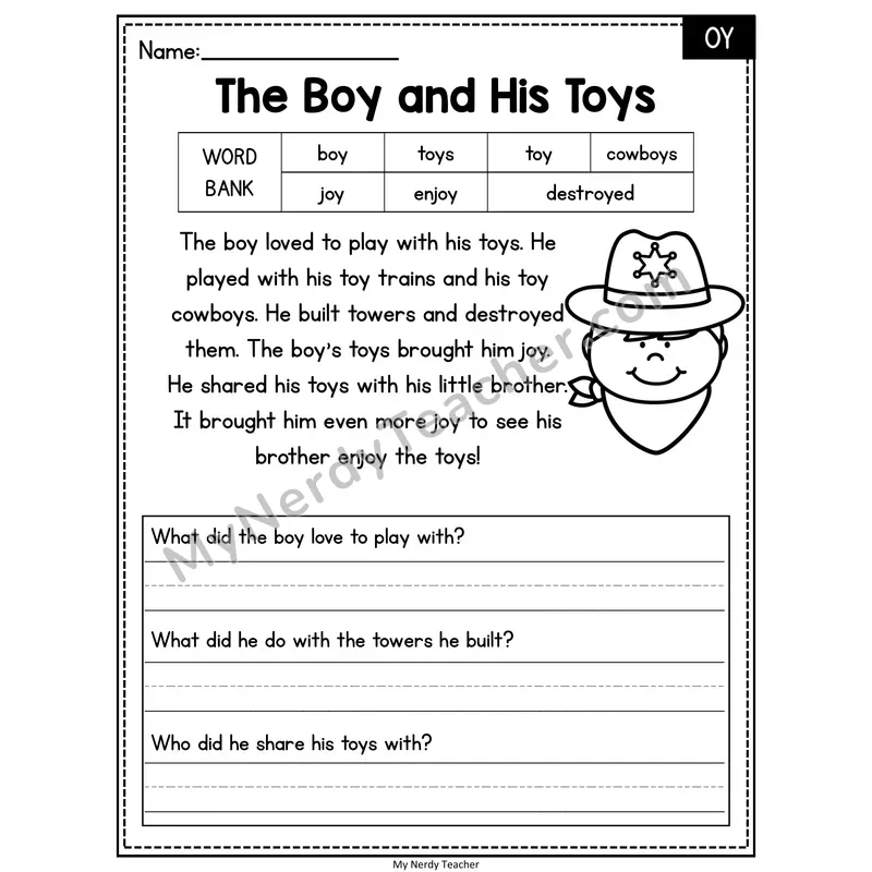 The Boy and His Toys — OY Phonics Reading Passage with Short Answer
