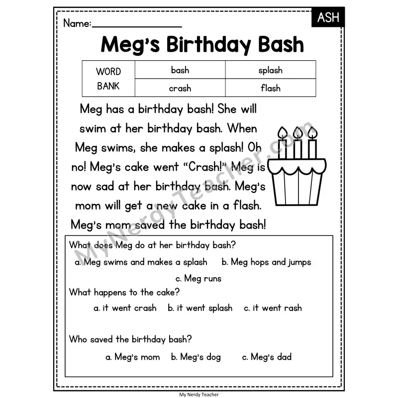 Meg's Birthday Bash — ASH Reading Passage with Multiple Choice