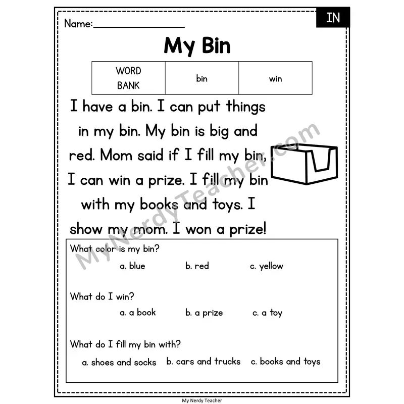 My Bin — IN Reading Passage with Multiple Choice