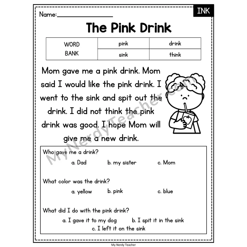 The Pink Drink — INK Reading Passage with Multiple Choice