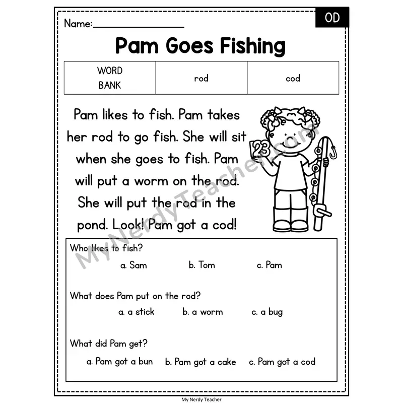 Pam Goes Fishing — OD Reading Passage with Multiple Choice