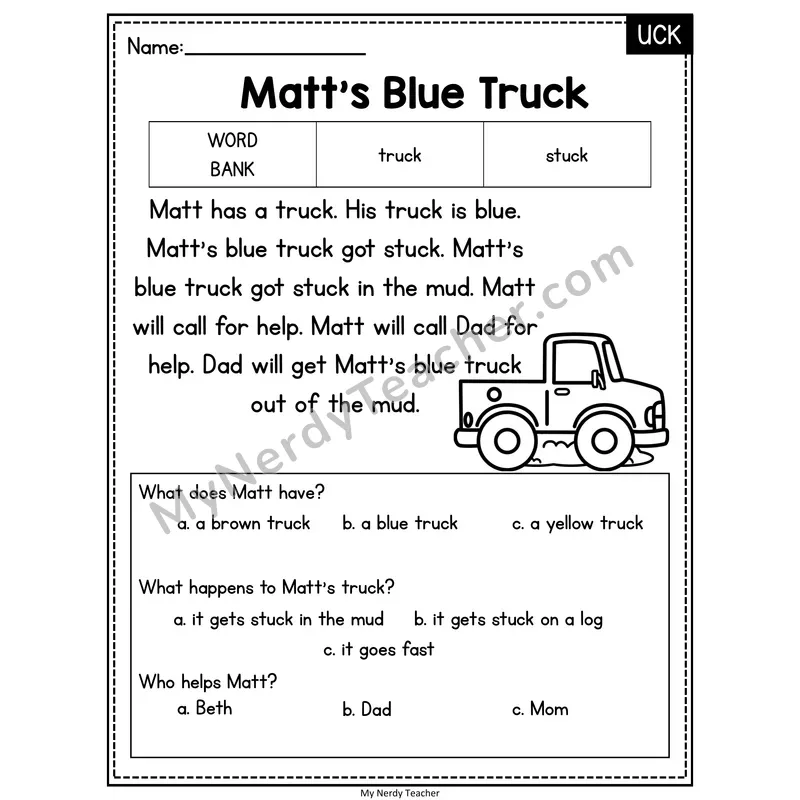 Matt's Blue Truck — UCK Reading Passage with Multiple Choice