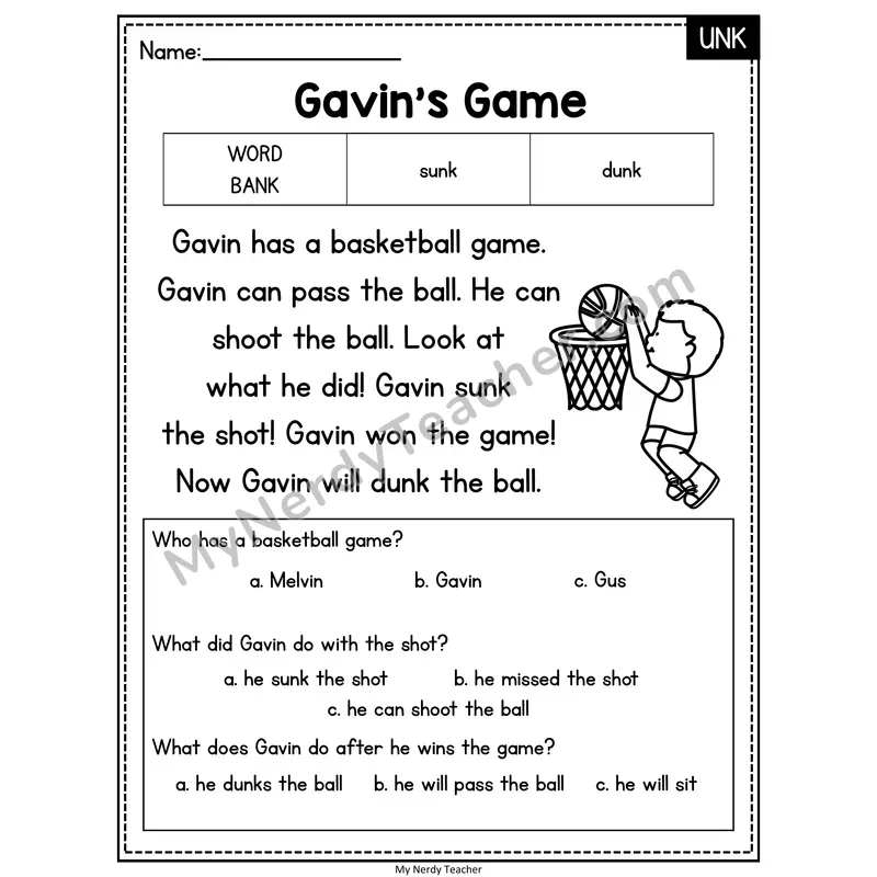 Gavin's Game — UNK Reading Passage with Multiple Choice