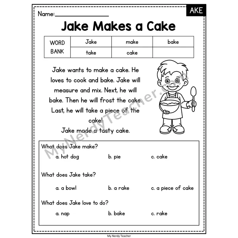 Jake Makes a Cake — AKE Reading Passage with Multiple Choice