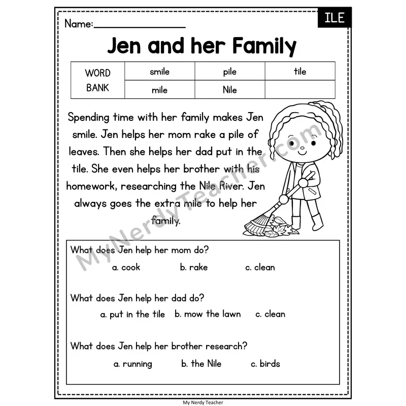 Jen and her Family — ILE Reading Passage with Multiple Choice