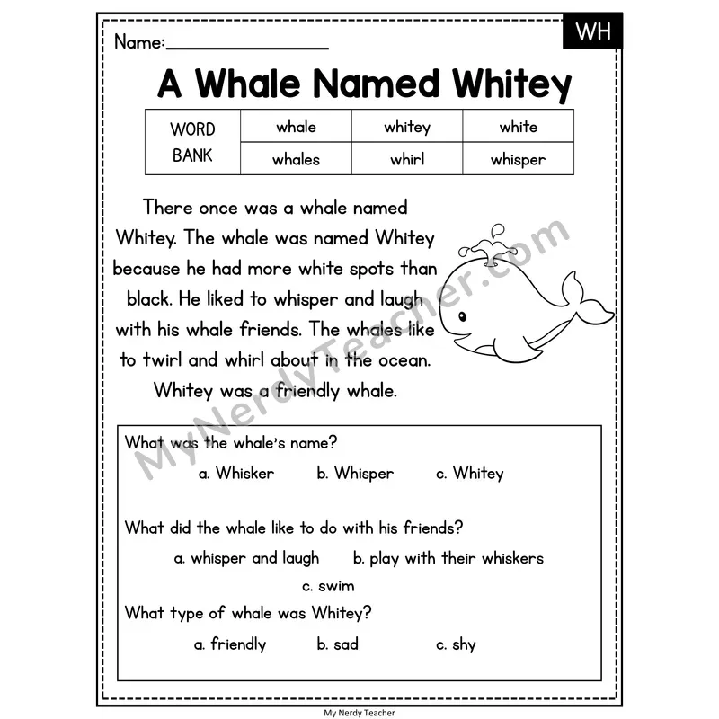 A Whale Named Whitey — WH Reading Passage with Multiple Choice