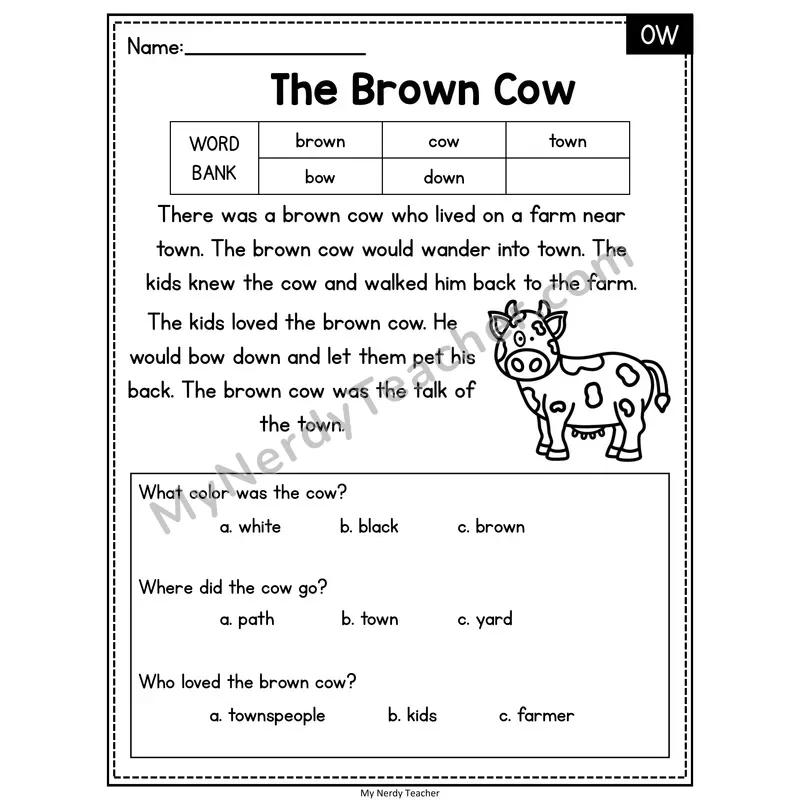 The Brown Cow — OW Reading Passage with Multiple Choice