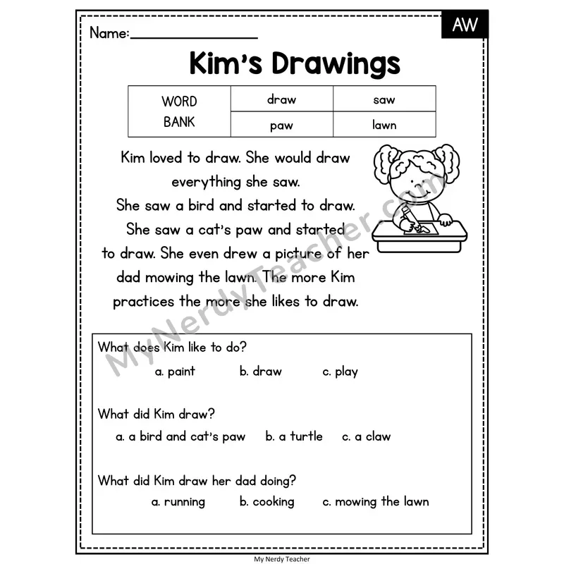 Kim's Drawings — AW Reading Passage with Multiple Choice