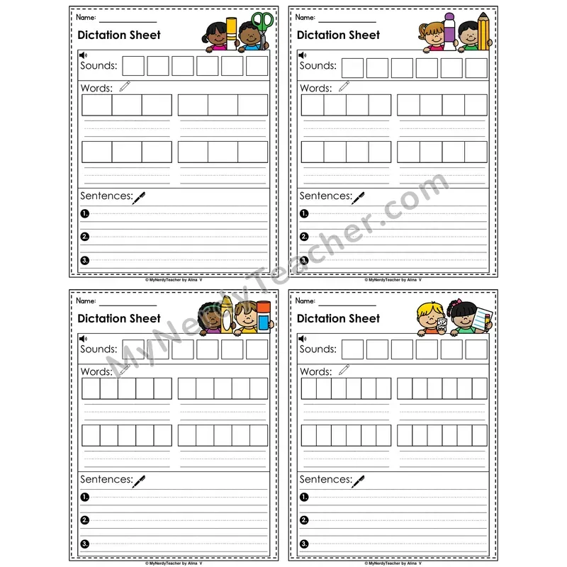 Back to School Kids Dictation Sheet — Sounds, Words & Sentences Writing Practice