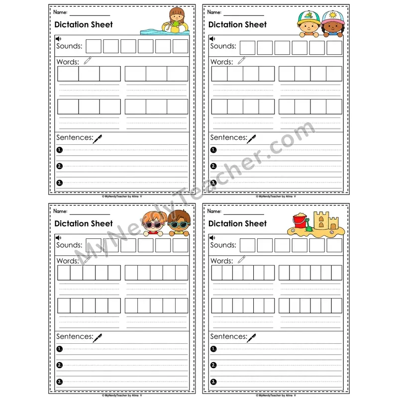 Summer Dictation Sheet — Sounds, Words & Sentences Writing Practice