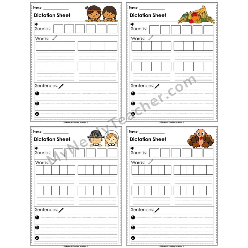 Thanksgiving Dictation Sheet — Sounds, Words & Sentences Writing Practice
