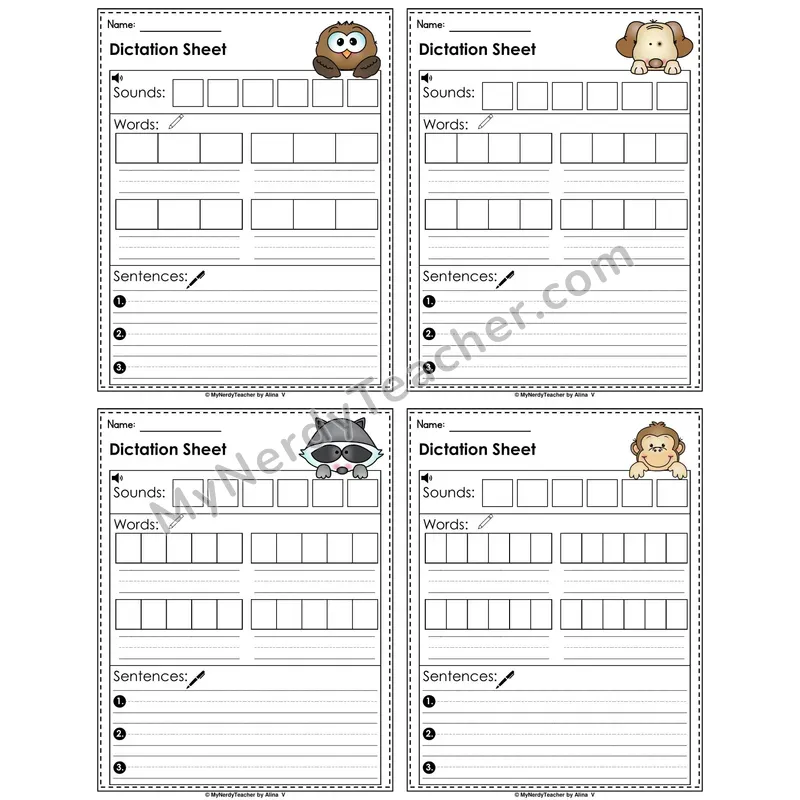 Fall Forest Animals Dictation Sheet — Sounds, Words & Sentences
