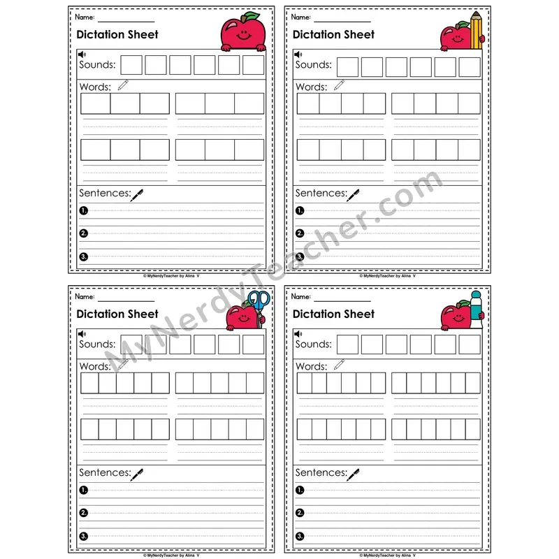 Apple & School Supplies Dictation Sheet — Sounds, Words & Sentences Writing Practice