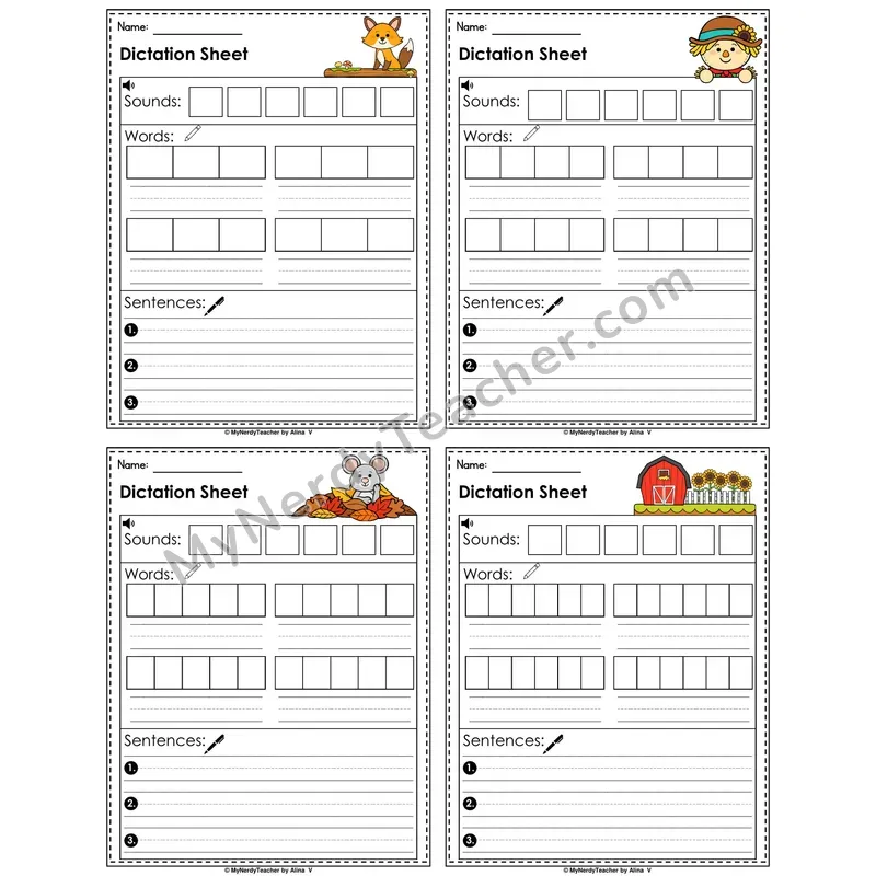 Fall Fox Dictation Sheet — Sounds, Words & Sentences Writing Practice