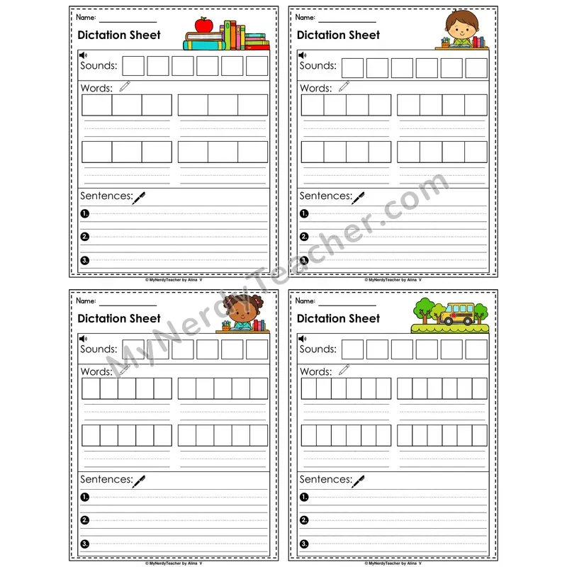 Back to School Dictation Sheet — Sounds, Words & Sentences Writing Practice