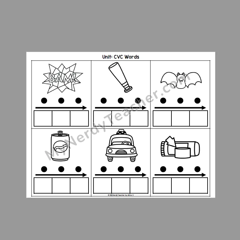 CVC Word Mapping Worksheet — Say It, Map It, Graph It (Black & White)
